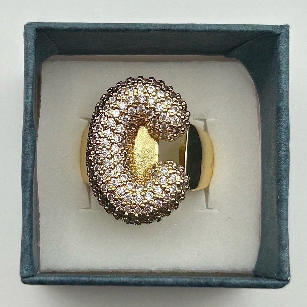 “C” Letter Initial Gold Tone and Clear Crystal Studded Adjustable Ring